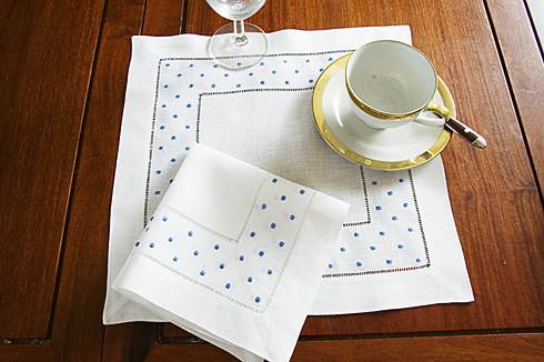 Square Linen Placemat. French Blue Polka Dots. 14" square. - Click Image to Close